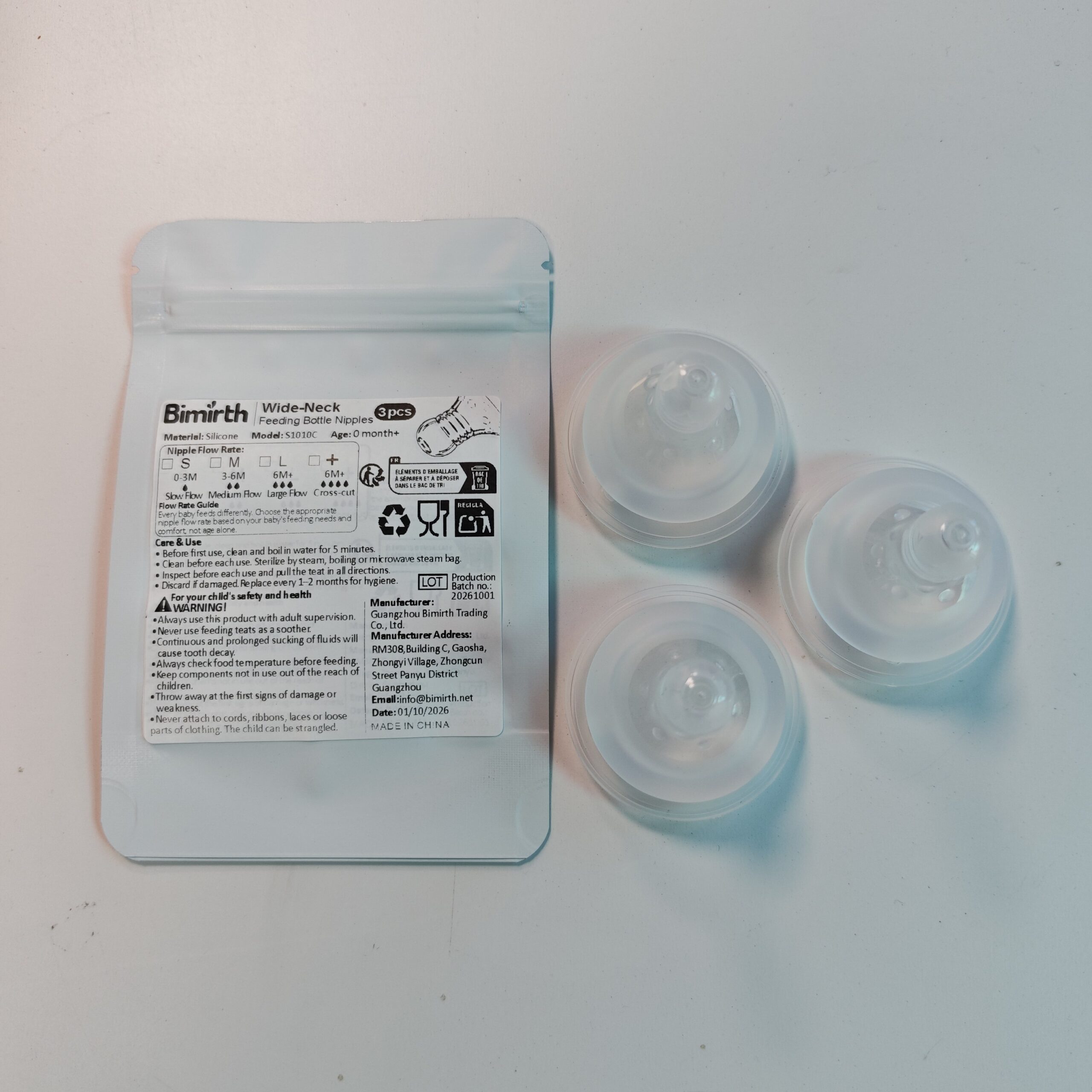 Bimirth S1010C wide-neck bottle nipples, three-pack with retail packaging