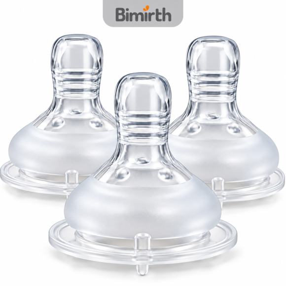 Three Bimirth wide-neck silicone baby bottle nipples and teats with Bimirth logo
